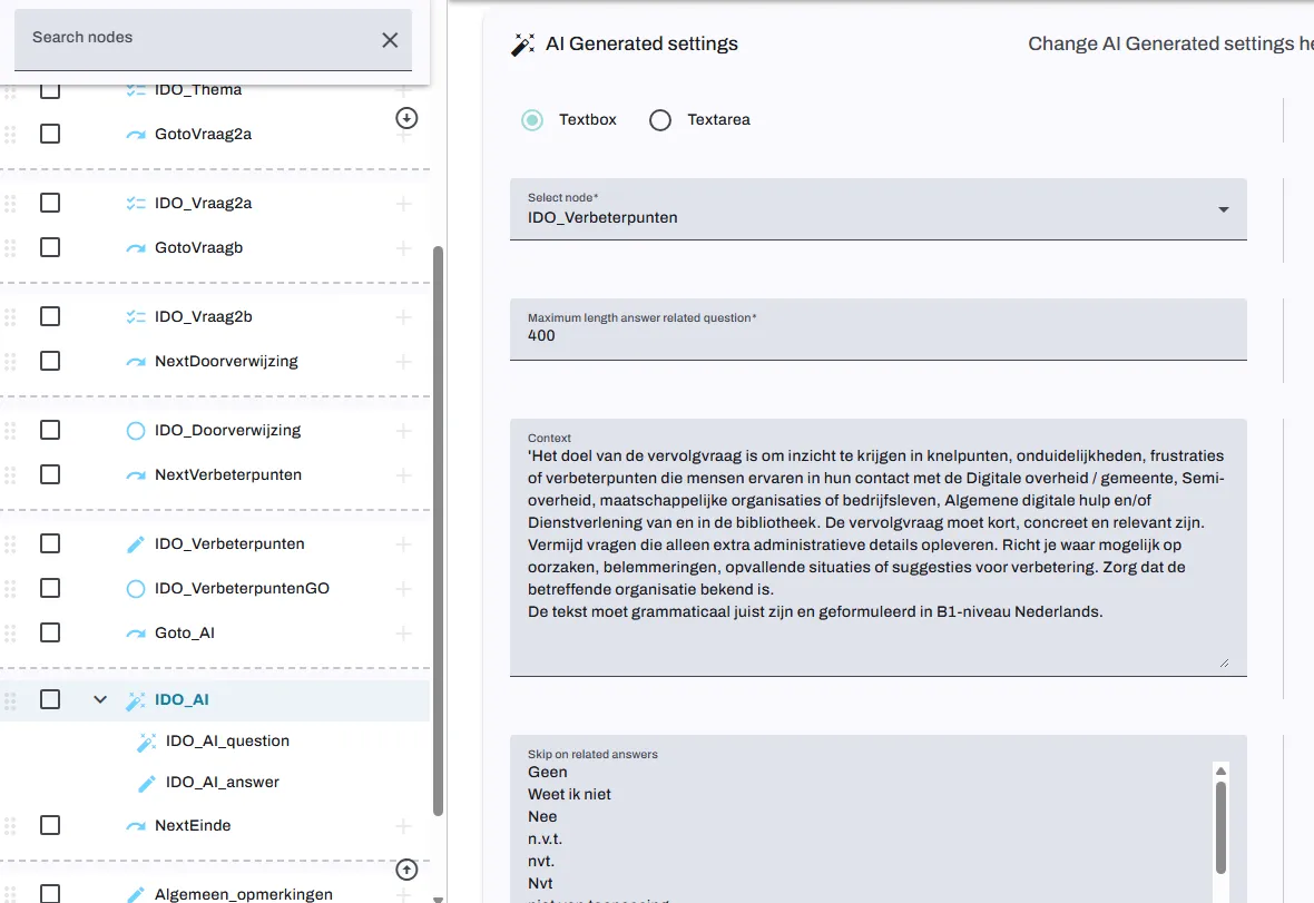 Instellingen voor een lokaal gegenereerde AI-vervolgvraag in Survey Editor