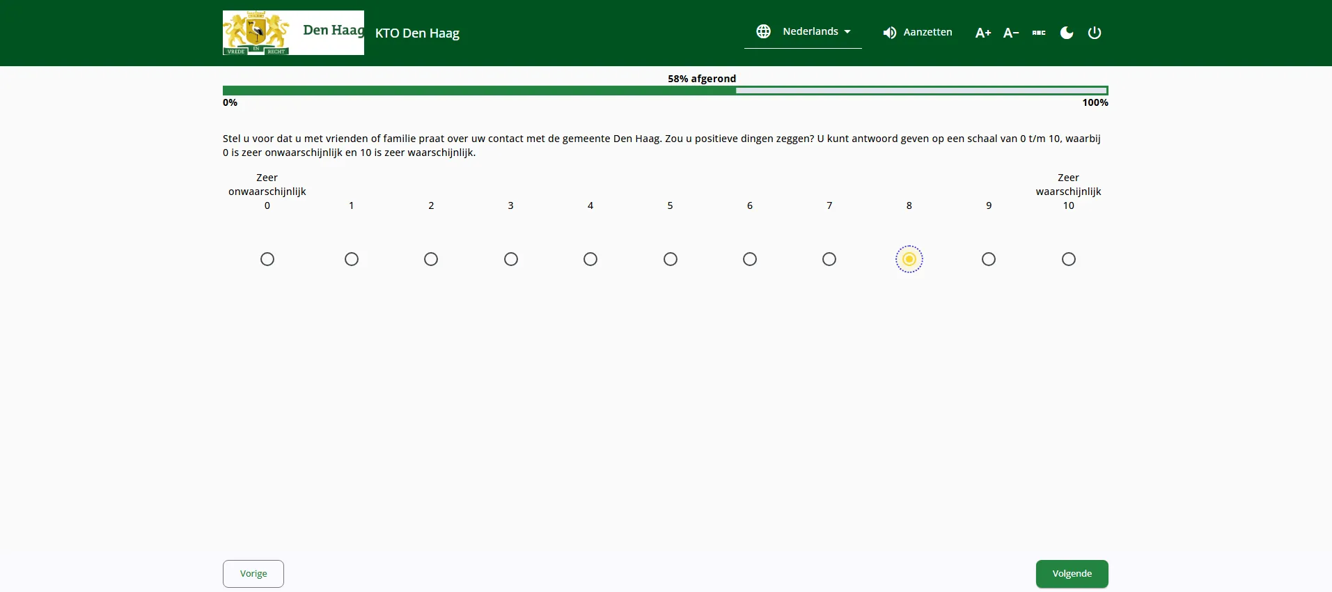 Survey Response met een vragenlijst in de huisstijl van gemeente Den Haag